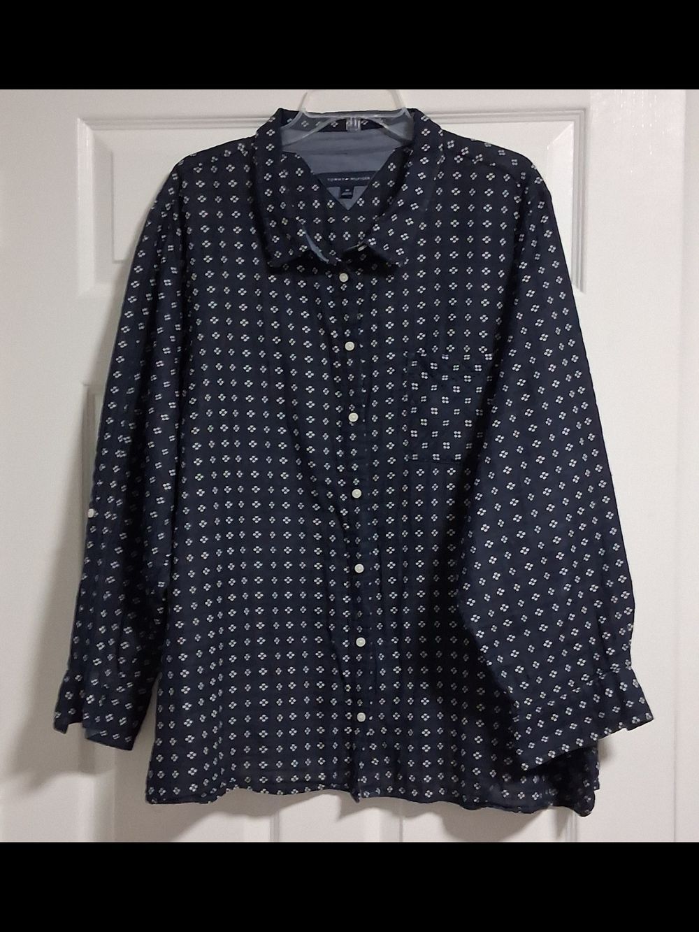 Tommy Hilfiger Navy Shirt with White Floral Micro-Print Size 3X